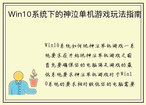Win10系统下的神泣单机游戏玩法指南